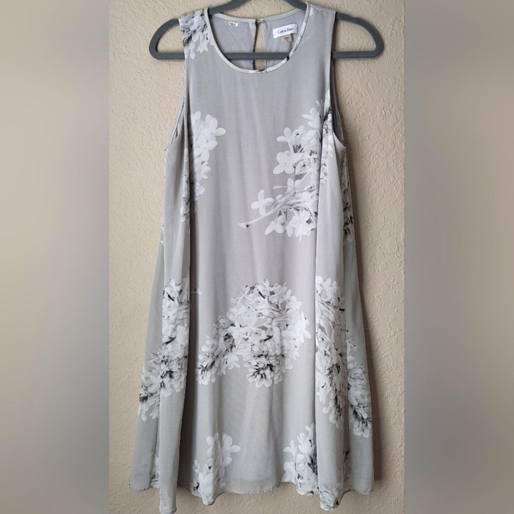 Calvin Klein Light Gray Dress White Floral Sheath Sleeveless Size 12